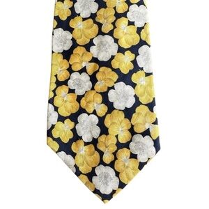 Vintage Kasper Floral Silk Tie Yellow Navy White Retro Print Men’s Neckwear